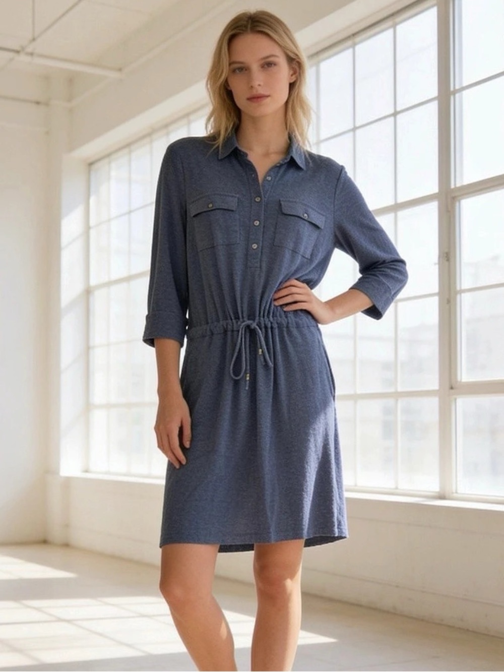 L.L.Bean Knit Henley Drawstring Waist Shirt Dress Blue XS